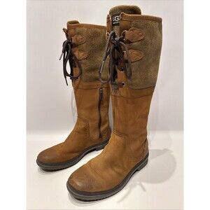 Ugg Elsa Brown Leather Waterproof Knee High Boots Shearling Lined Women’s Size 7